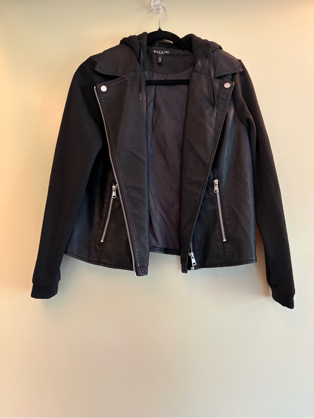 Baccini Black Moto-Style Leather Jacket with Hood